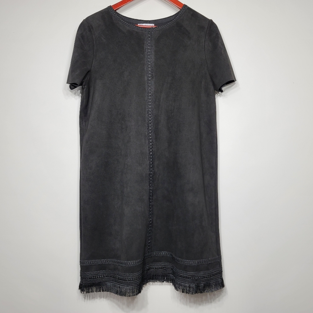 ZARA Embroidered Faux Suede T-Shirt Dress Small Black Hippie